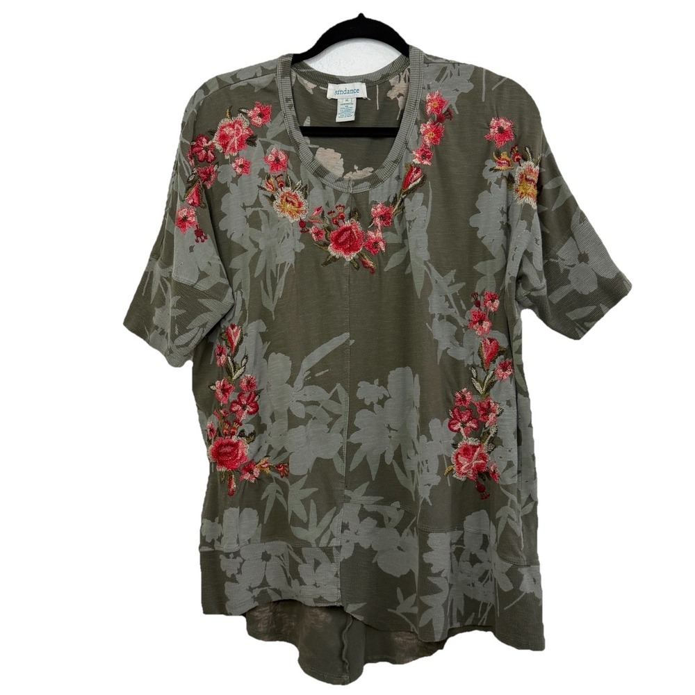 Sundance Embroidered Floral Tunic Top XL Olive Green Boho Cottagecore - Picture 10 of 15